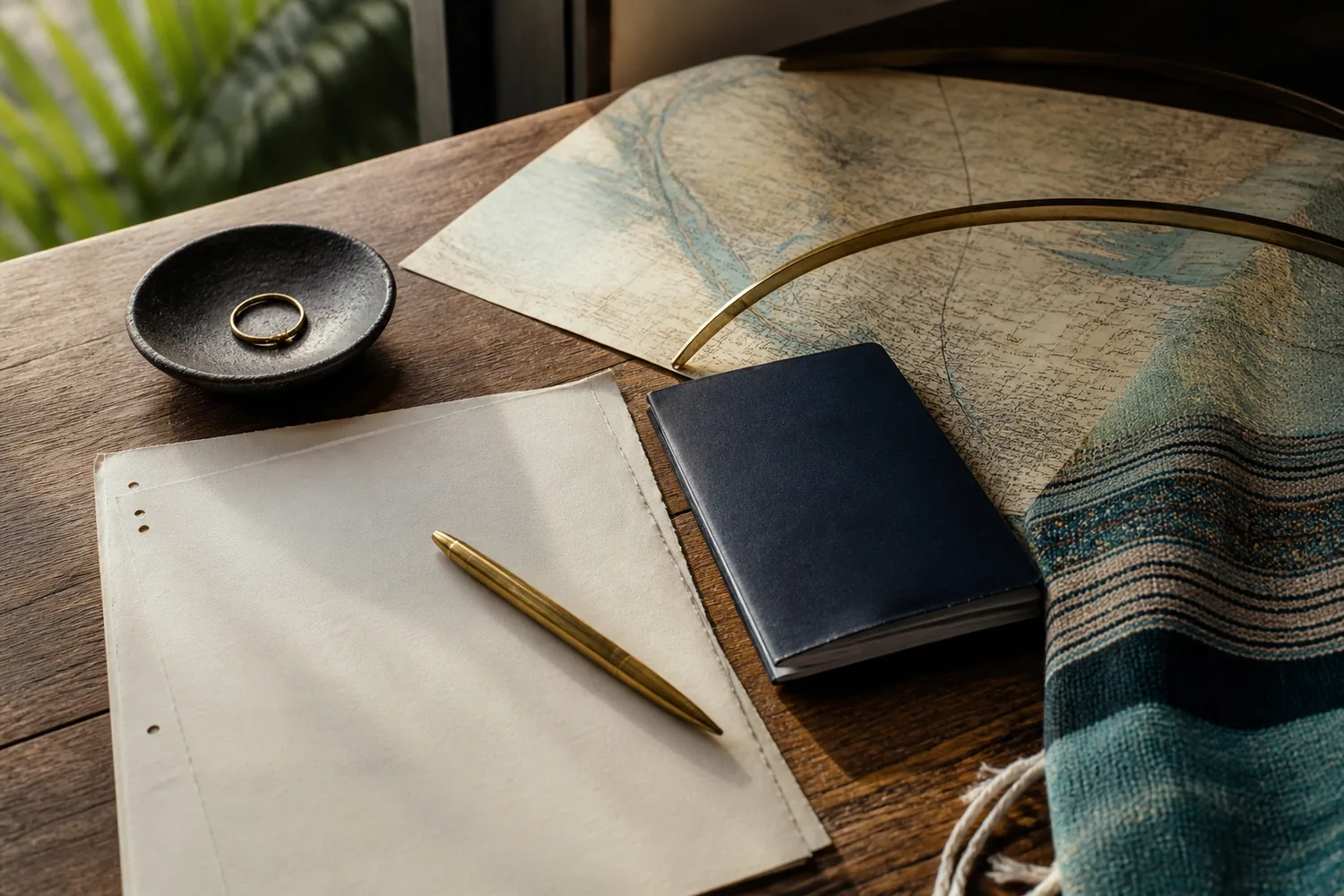 A quiet desk with map, notebook, pen and personal decision materials.